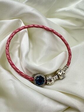 Pandora Pink Braided Leather Bracelet with Blue Radiant Hearts & Ladybug charms